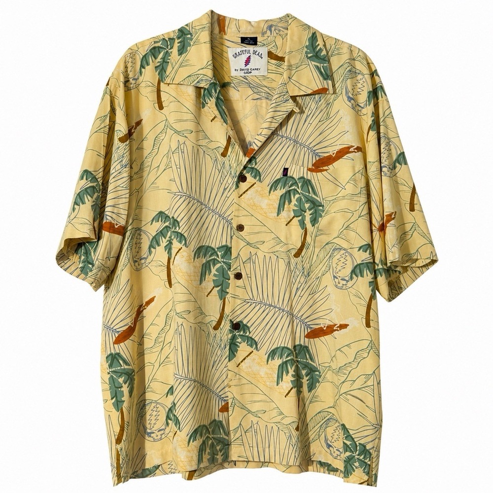 Grateful Dead David Carey Silk Hawaiian Button Up Shirt XL Yellow Skull Surf
